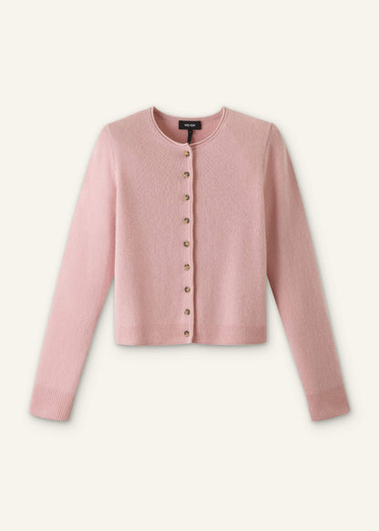 Pink Cashmere Roll Trim Straight Cardigan