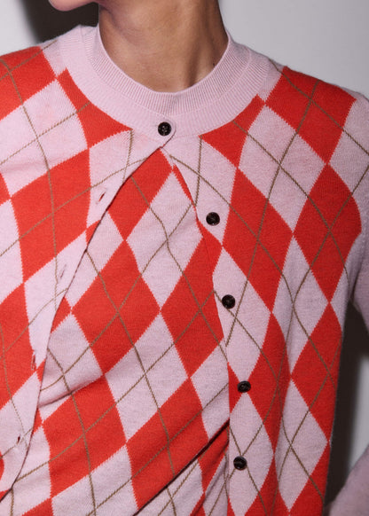 Pink Fine Argyle Slim Knit Cardigan