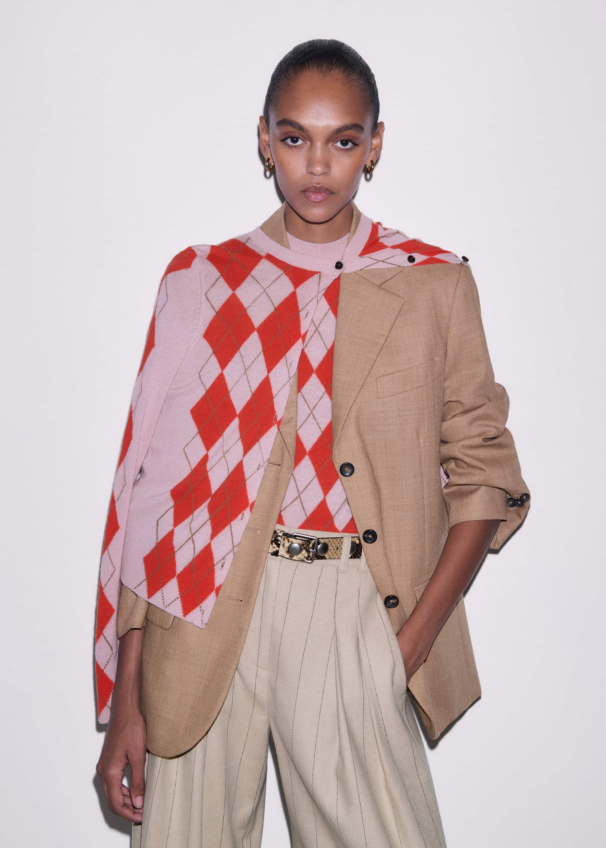 Pink Fine Argyle Slim Knit Cardigan