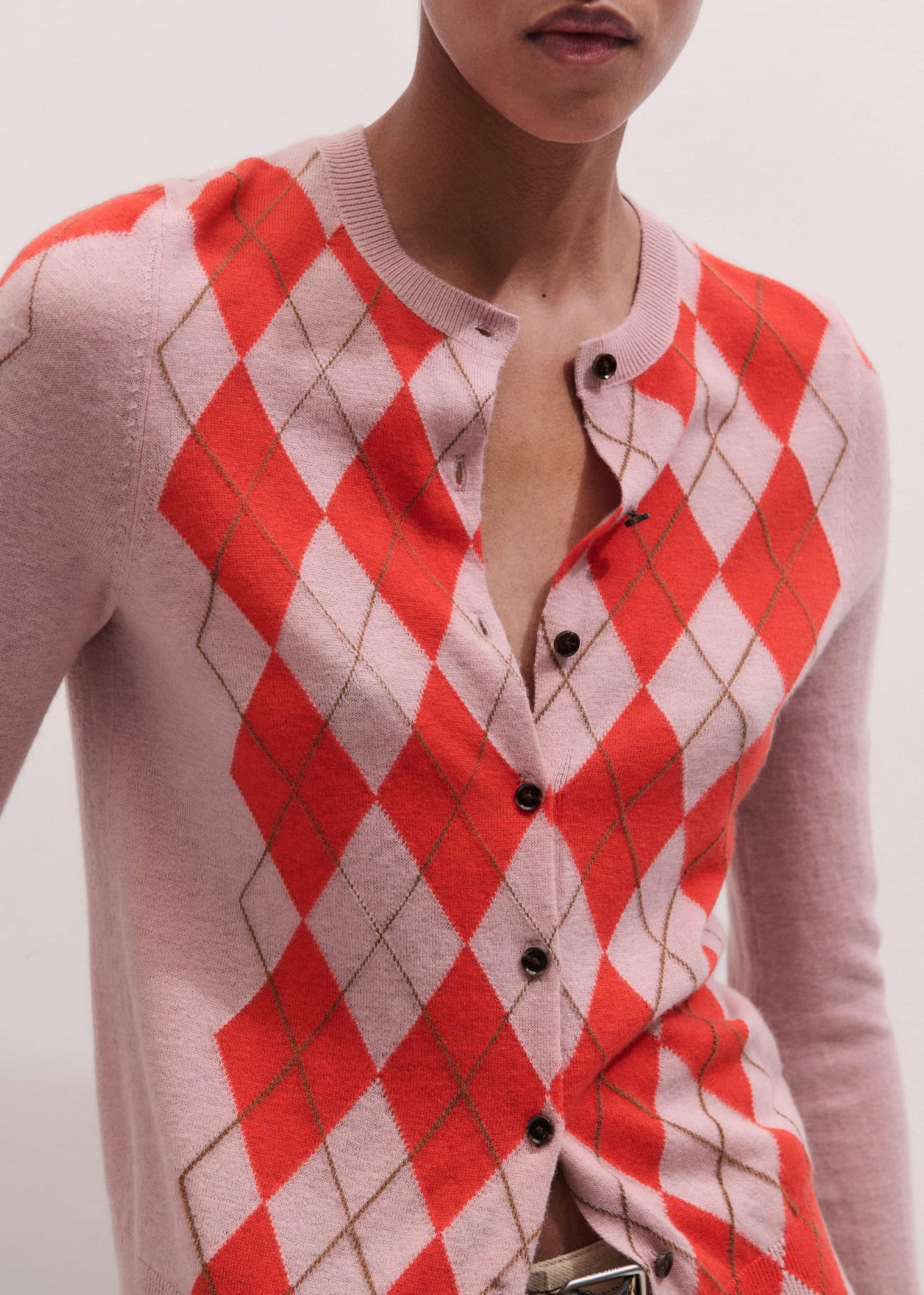Pink Fine Argyle Slim Knit Cardigan