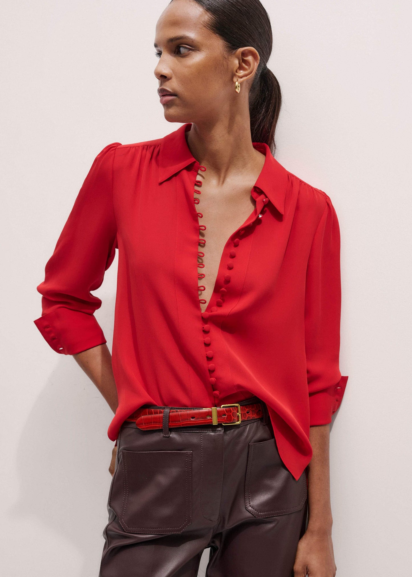 Red Silk Button Layering Shirt + Tie