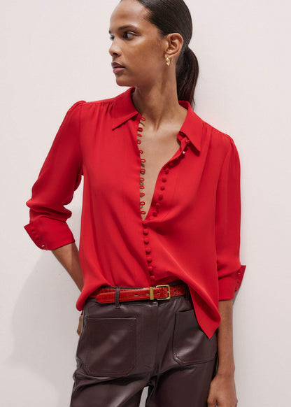 Red Silk Button Layering Shirt + Tie