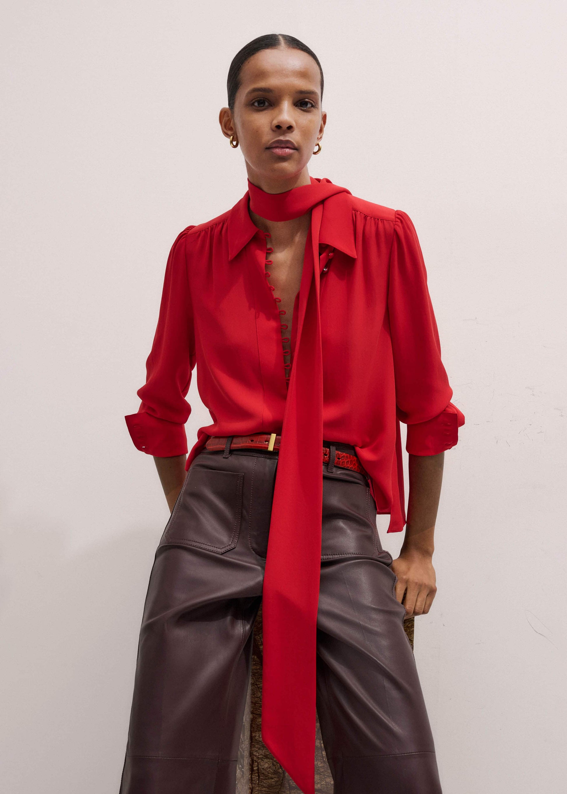Red Silk Button Layering Shirt + Tie