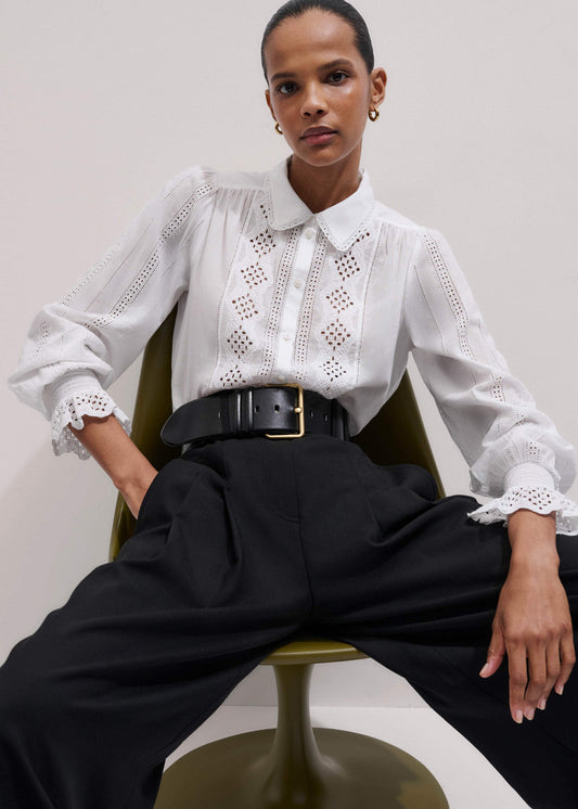 White Cotton Broderie Detail Straight Shirt