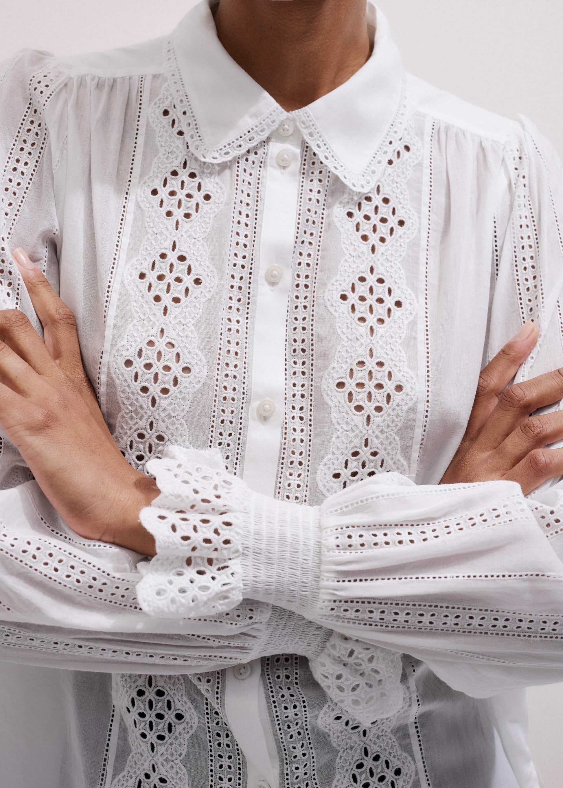 White Cotton Broderie Detail Straight Shirt