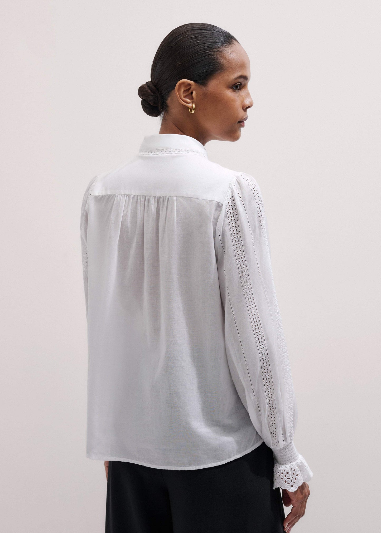 White Cotton Broderie Detail Straight Shirt