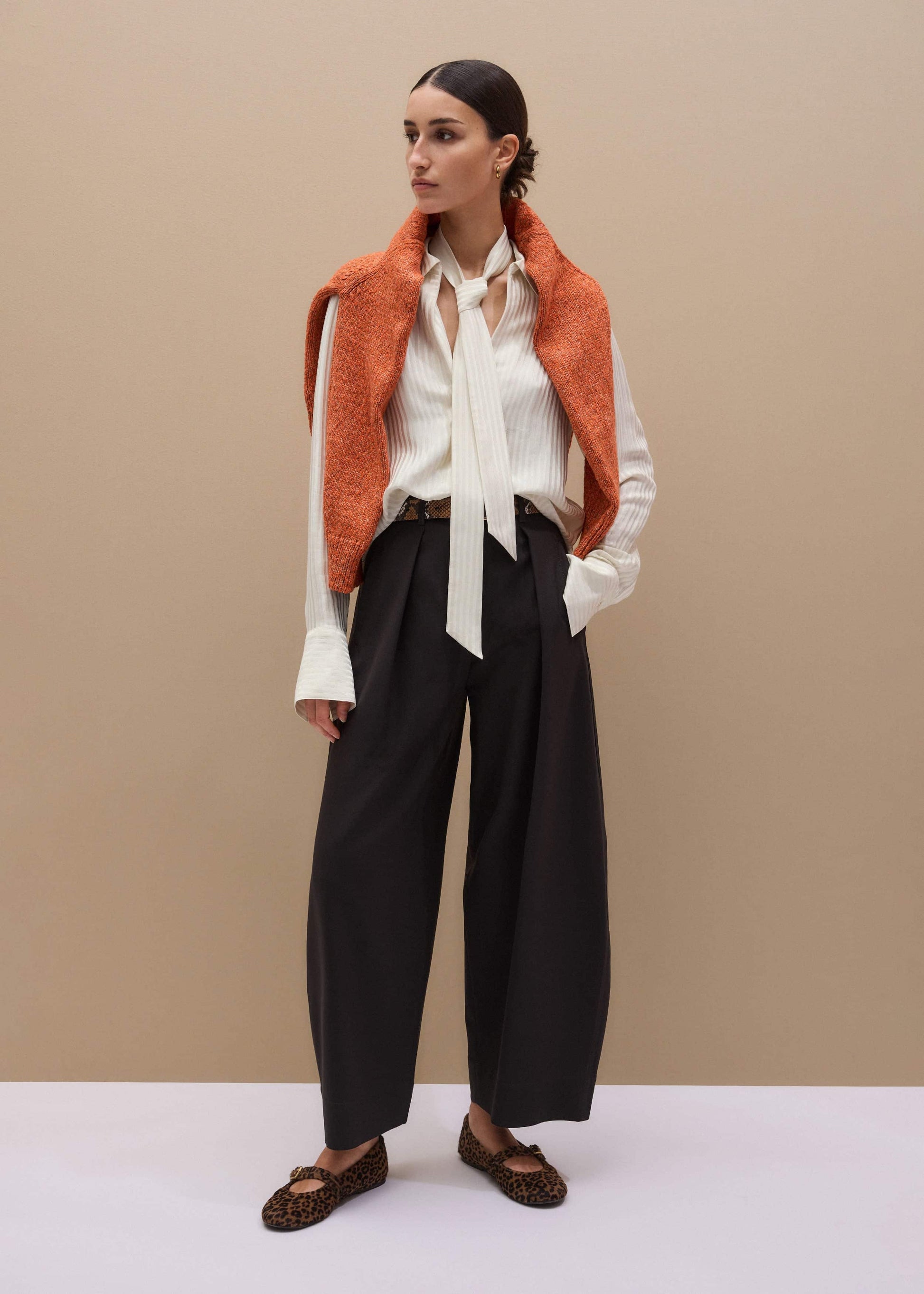 Cream AM-PM Stripe Fluid Satin Shirt + Tie