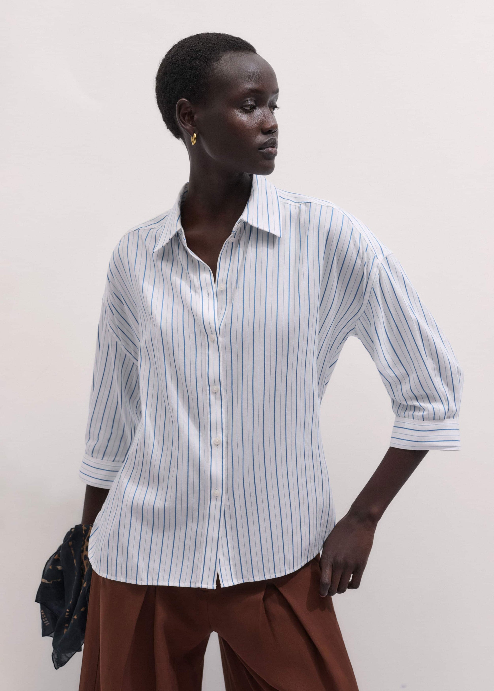 Blue Boxy Striped Crop Sleeve Shirt