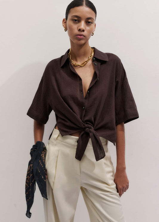 Brown Tie Front Beach Shirt