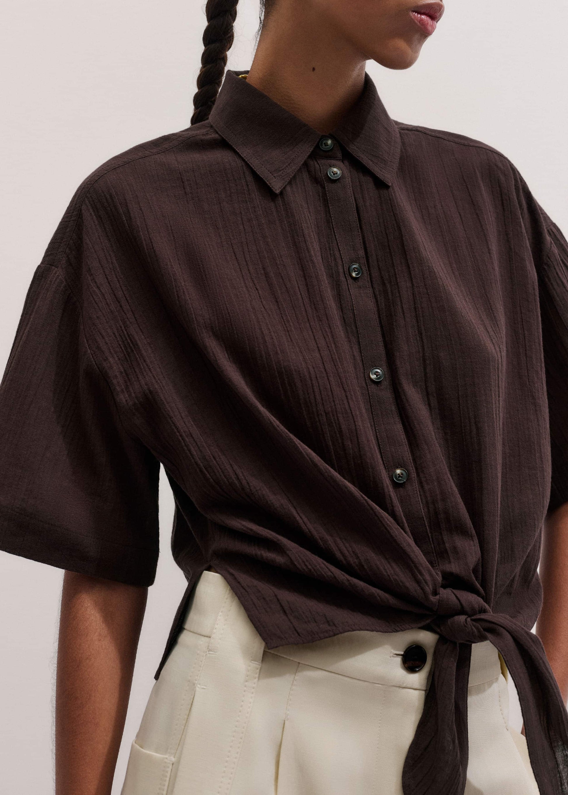 Brown Tie Front Beach Shirt