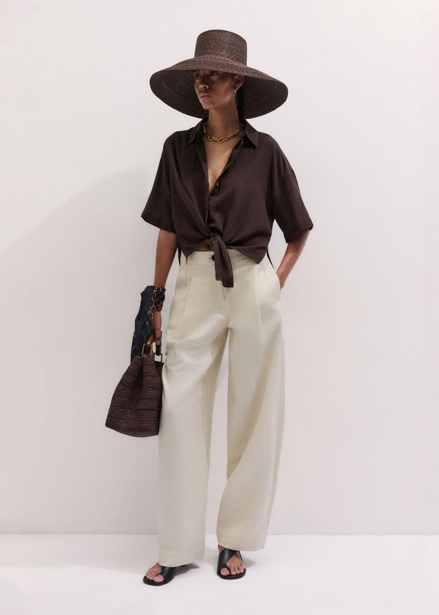 Brown Tie Front Beach Shirt