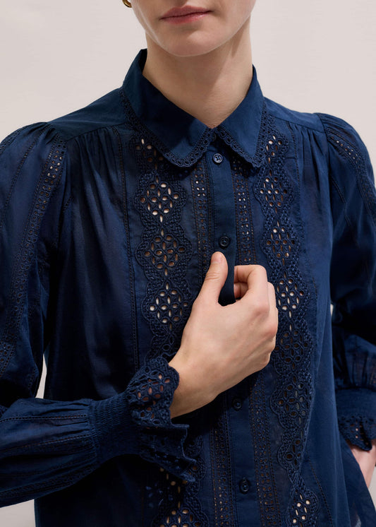 Navy Cotton Voile Broderie Detail Shirt