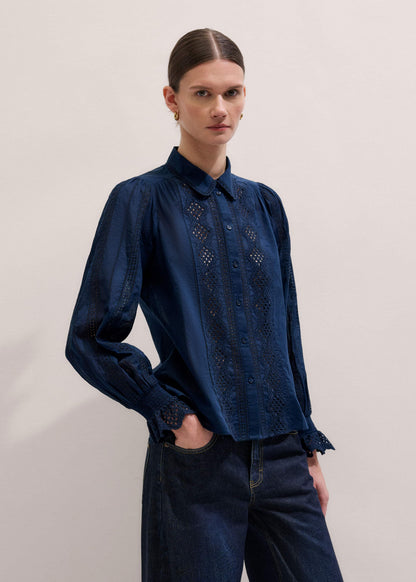 Navy Cotton Voile Broderie Detail Shirt