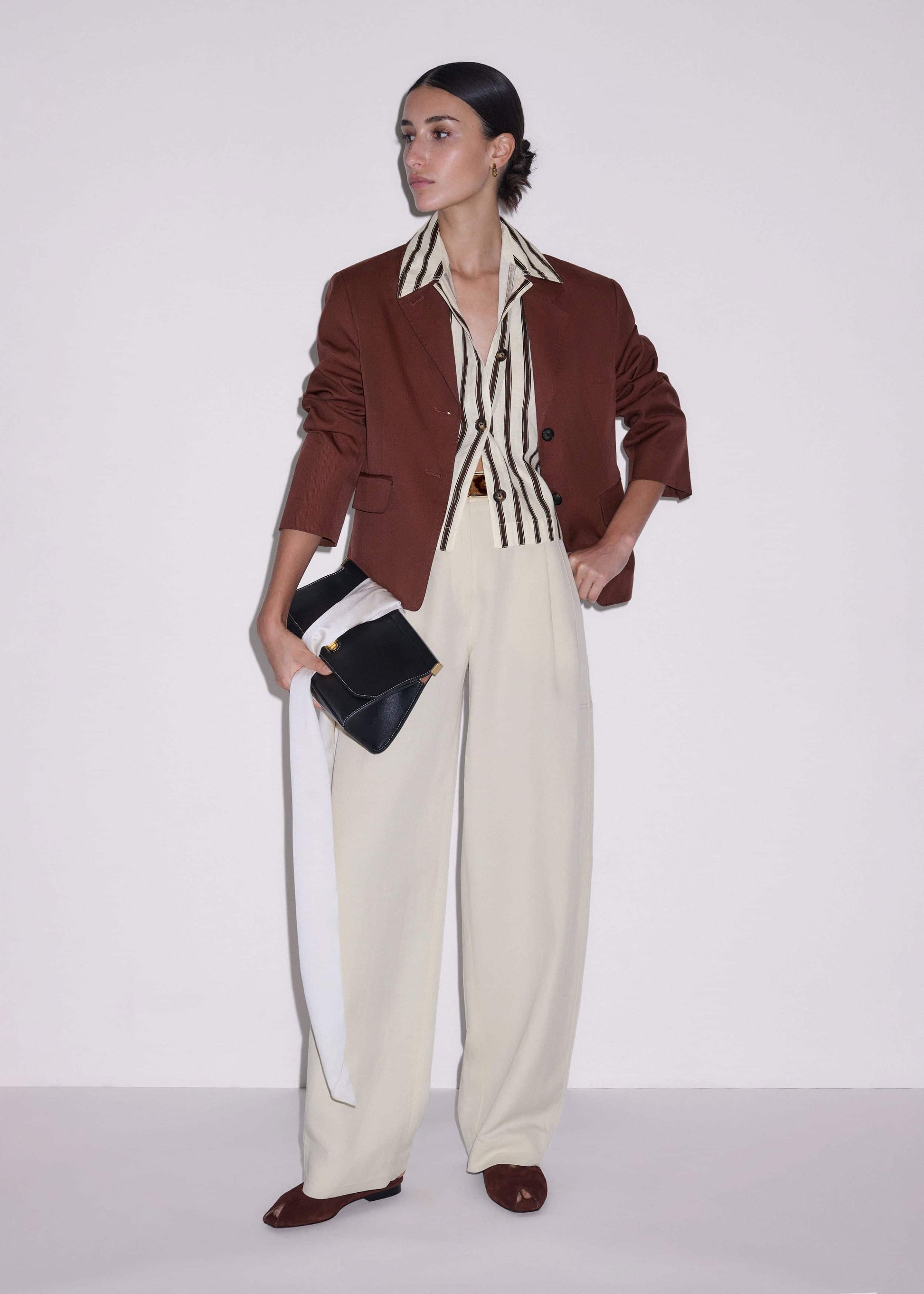 Cream Crease-Less Linen Spring Stripe Boxy Cropped Shirt