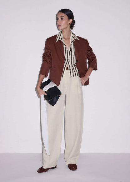 Cream Crease-Less Linen Spring Stripe Boxy Cropped Shirt