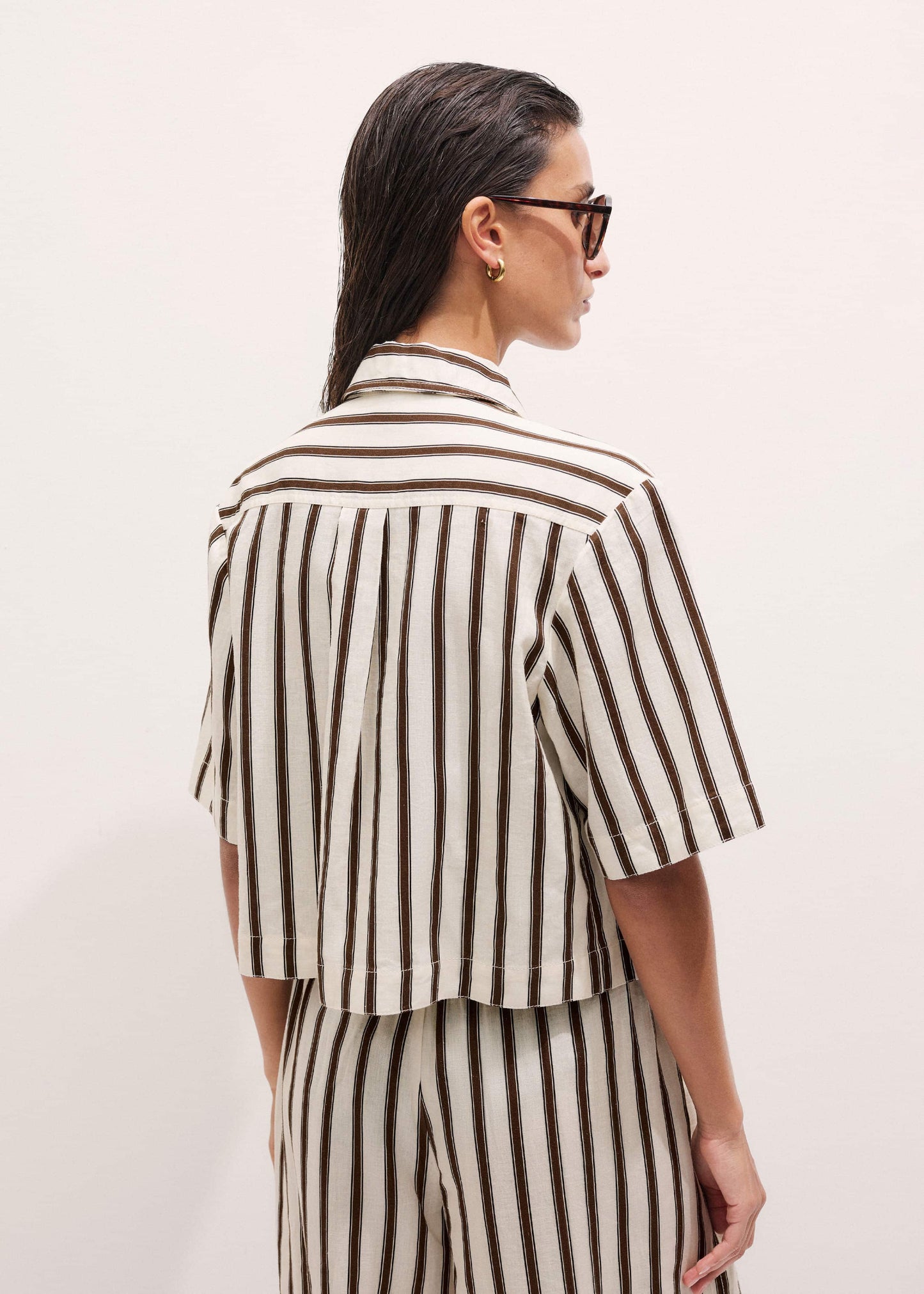 Cream Crease-Less Linen Spring Stripe Boxy Cropped Shirt