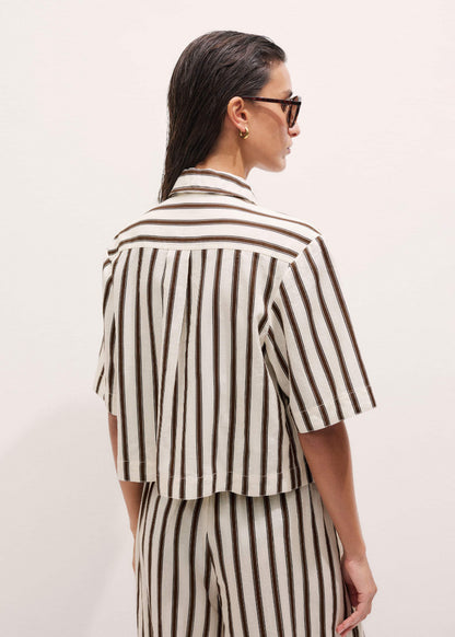 Cream Crease-Less Linen Spring Stripe Boxy Cropped Shirt