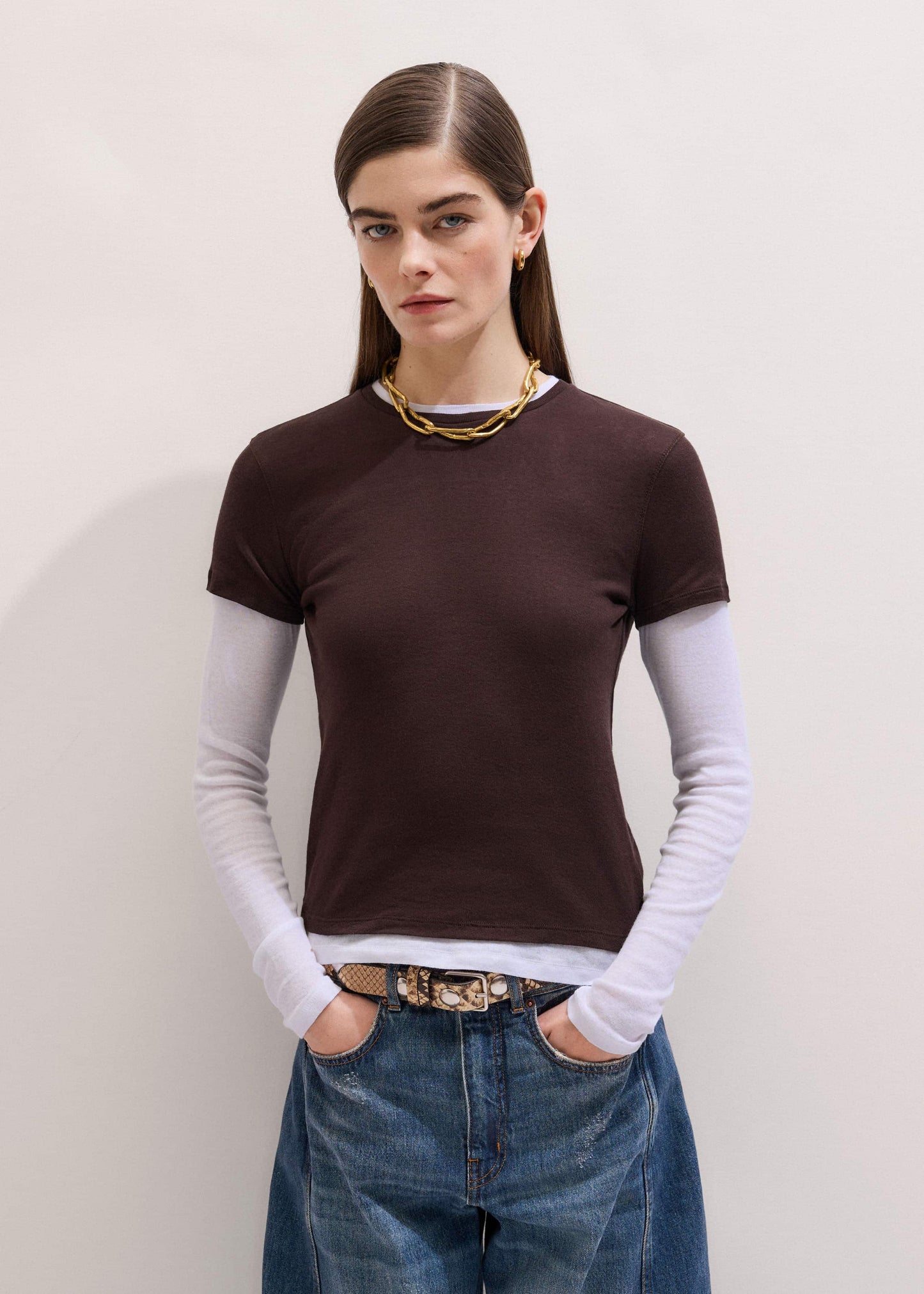 Brown Sheer Double-Layer Look Top
