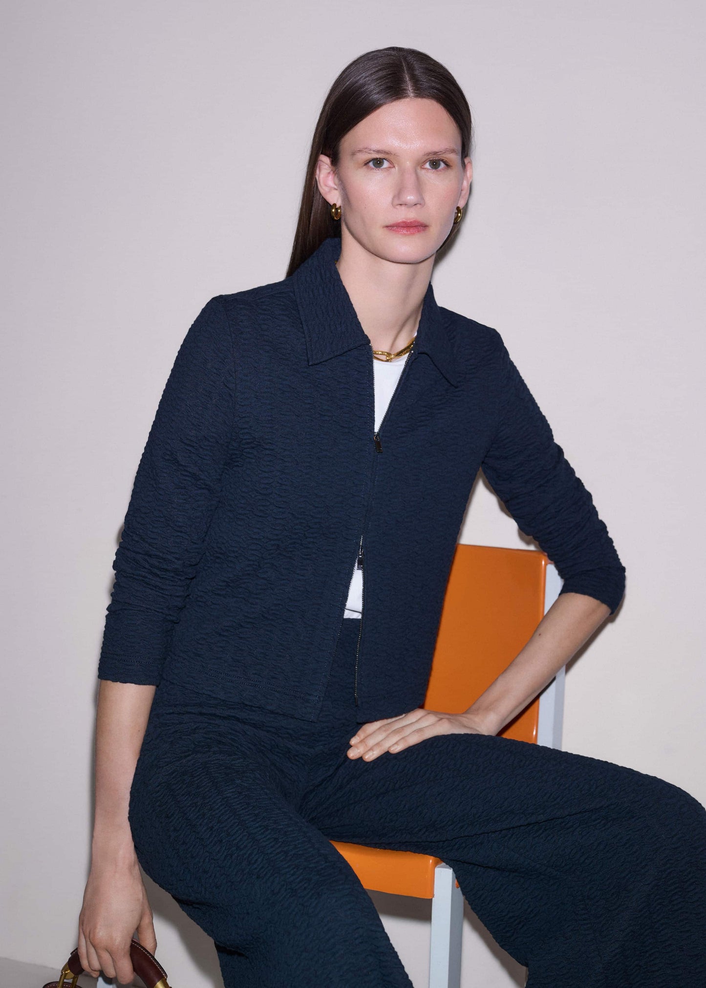 Navy Curling Crosses Jacquard Textured Zip Top