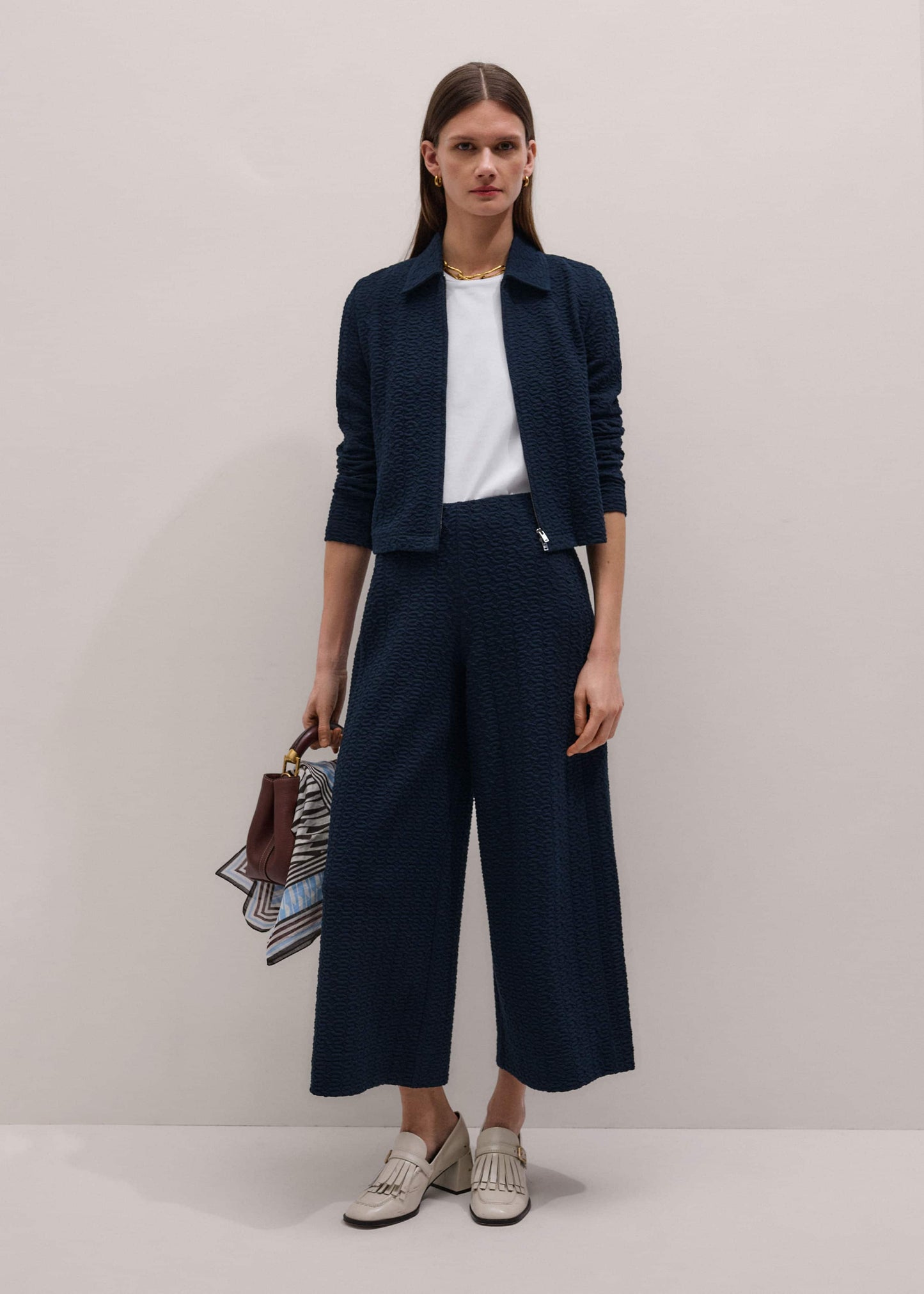 Navy Curling Crosses Jacquard Textured Zip Top