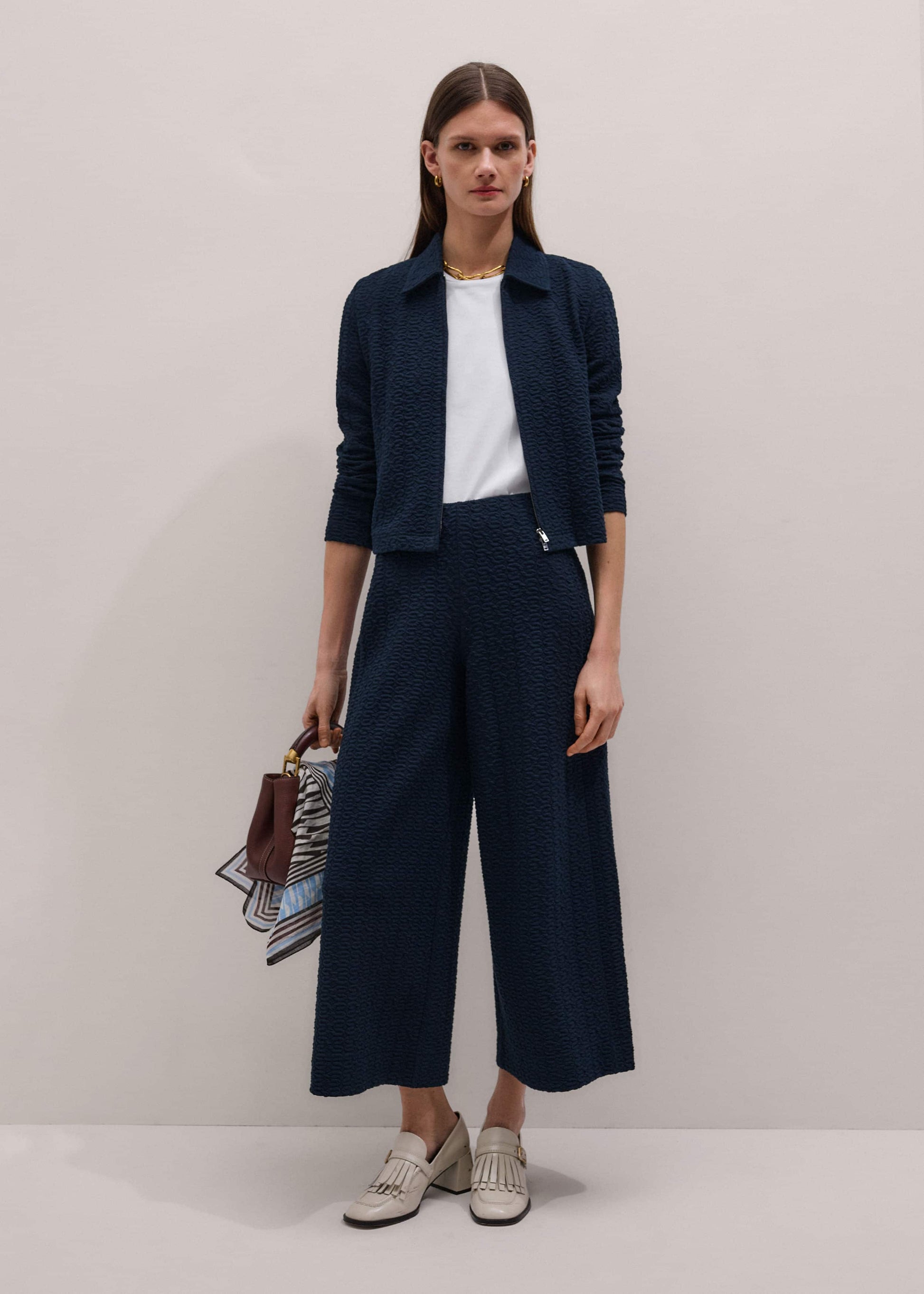 Navy Curling Crosses Jacquard Textured Zip Top