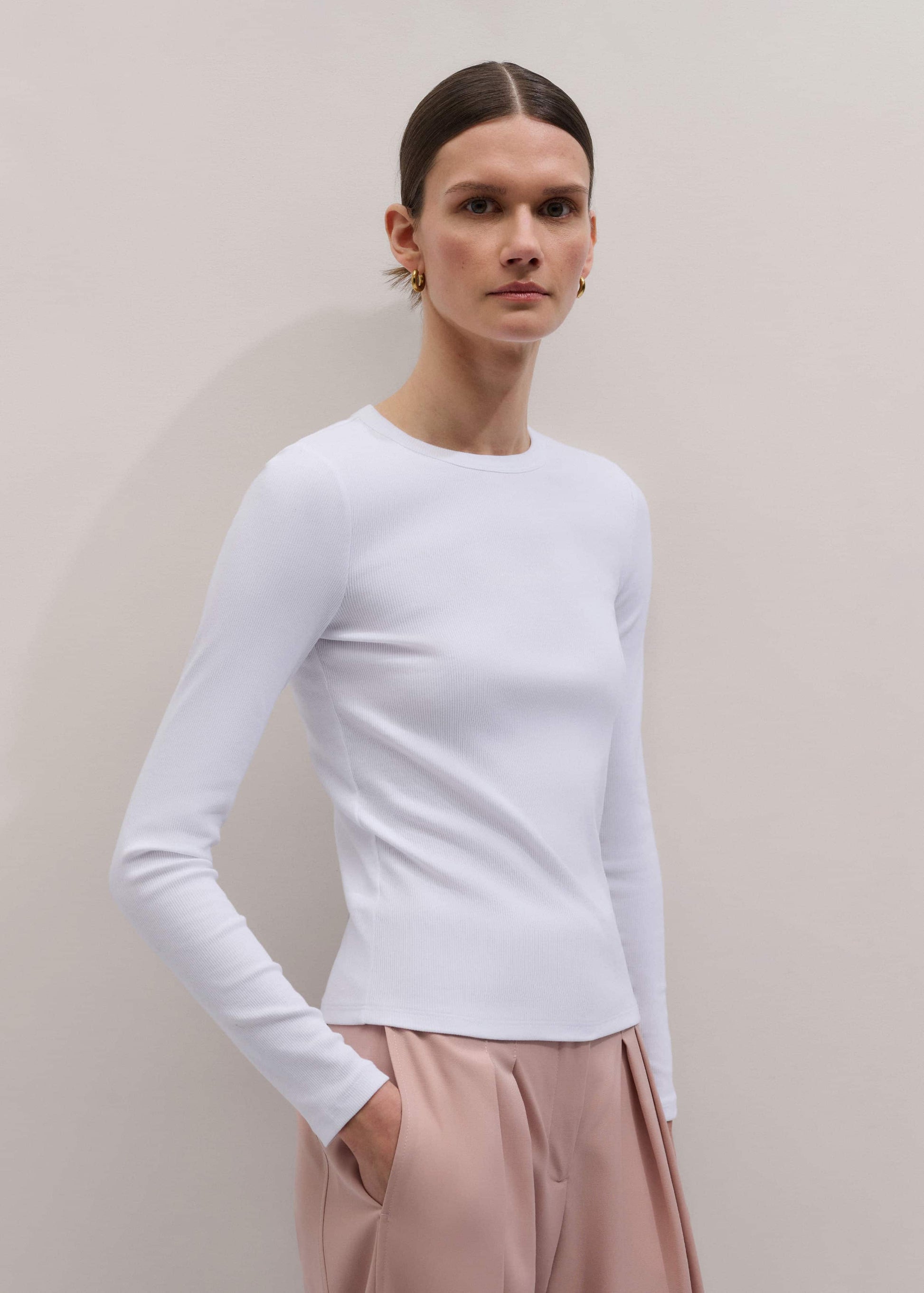White Cotton Rib Long Sleeve Top