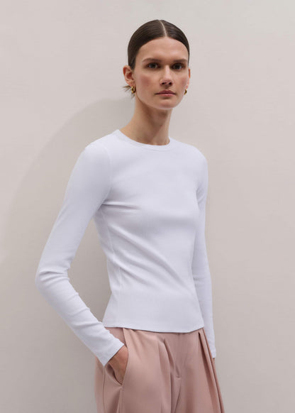 White Cotton Rib Long Sleeve Top