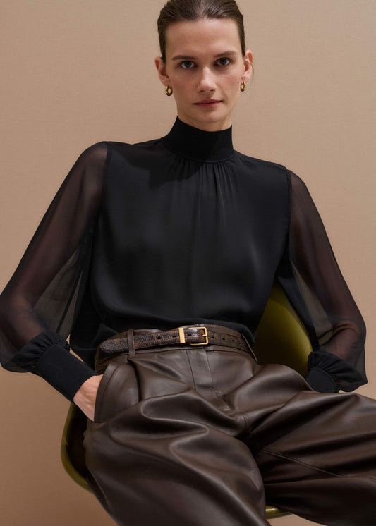 Black Silk Chic Rib Straight Blouse
