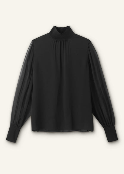 Black Silk Chic Rib Straight Blouse