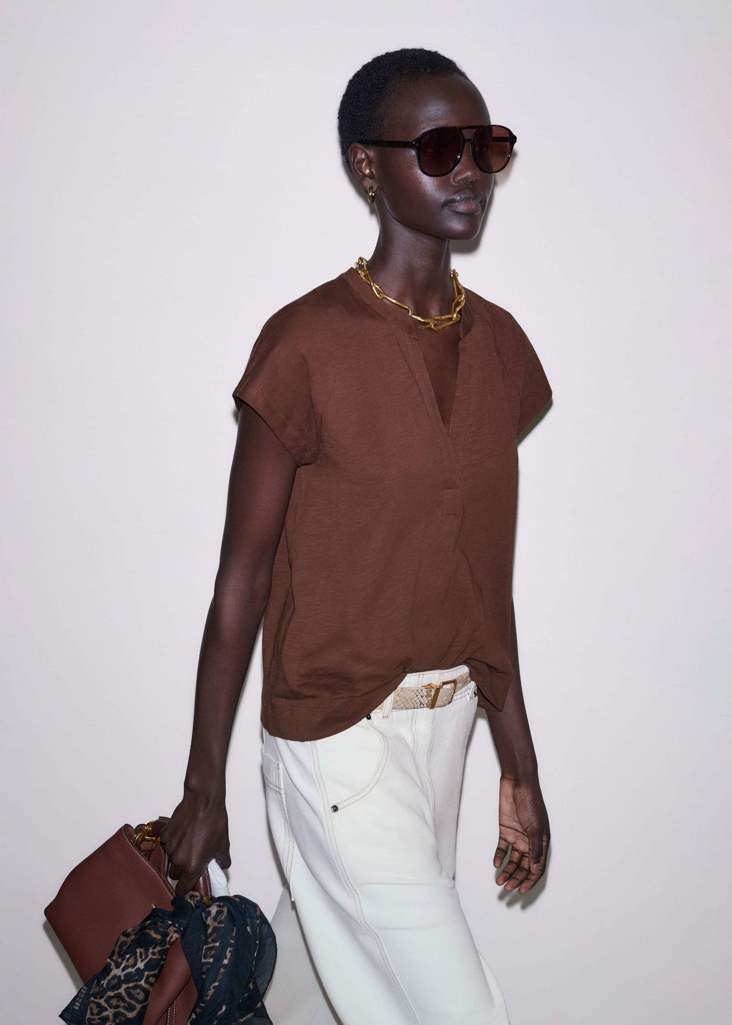 Cinnamon Open Placket V-Neck Swing Top