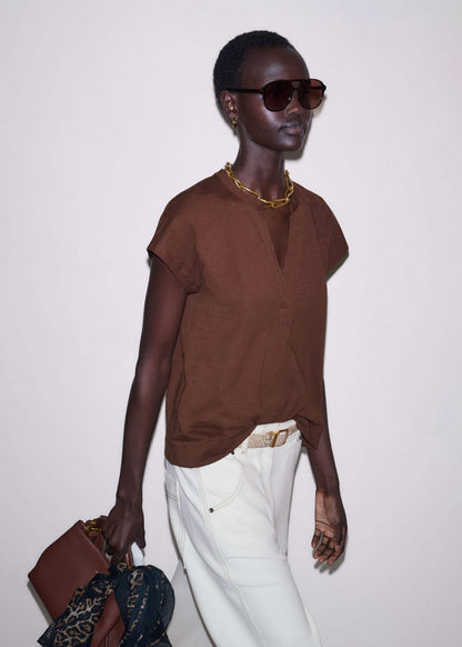 Cinnamon Open Placket V-Neck Swing Top