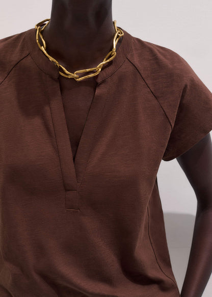 Cinnamon Open Placket V-Neck Swing Top