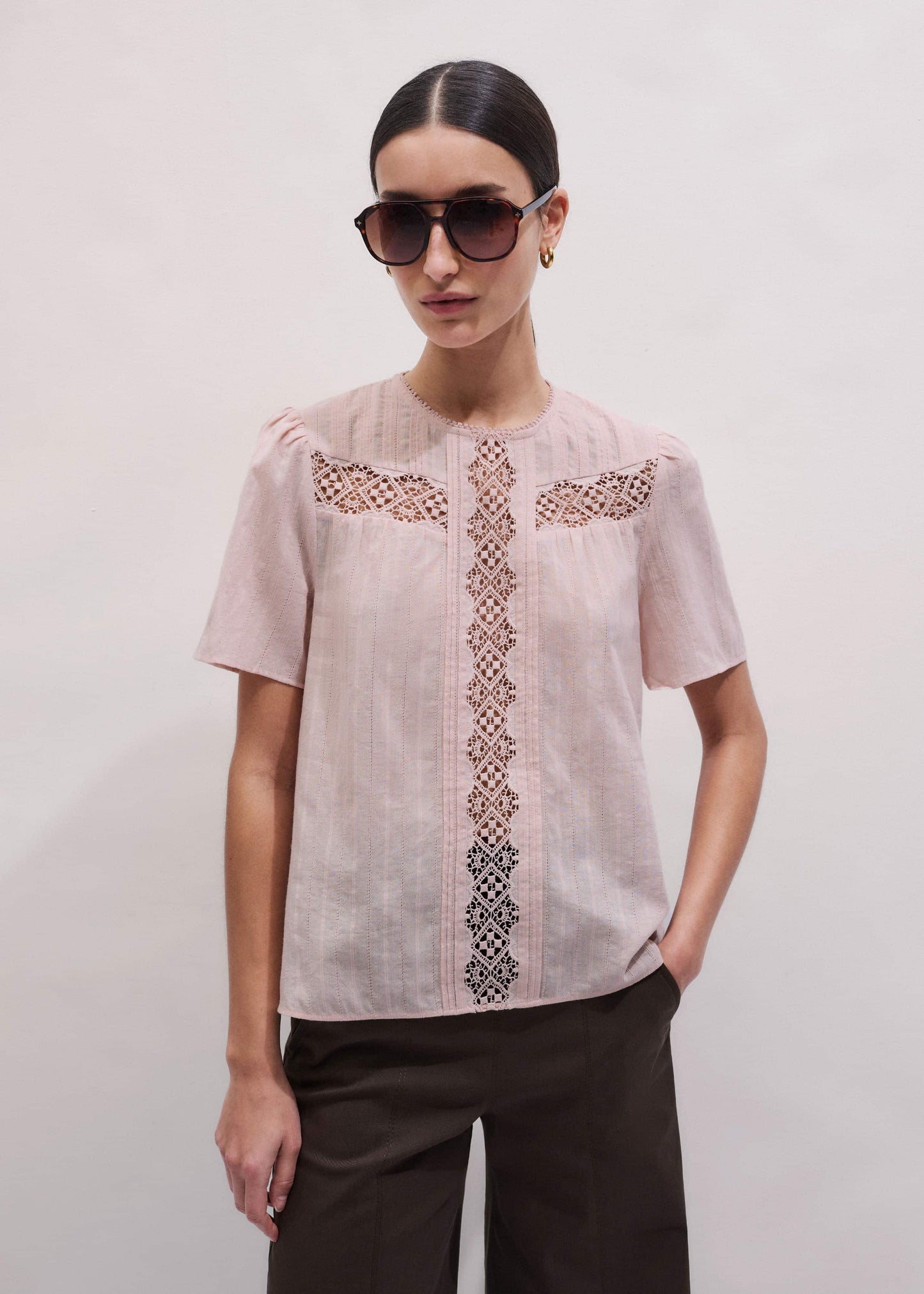 Pink Embroidered Cutout Tee