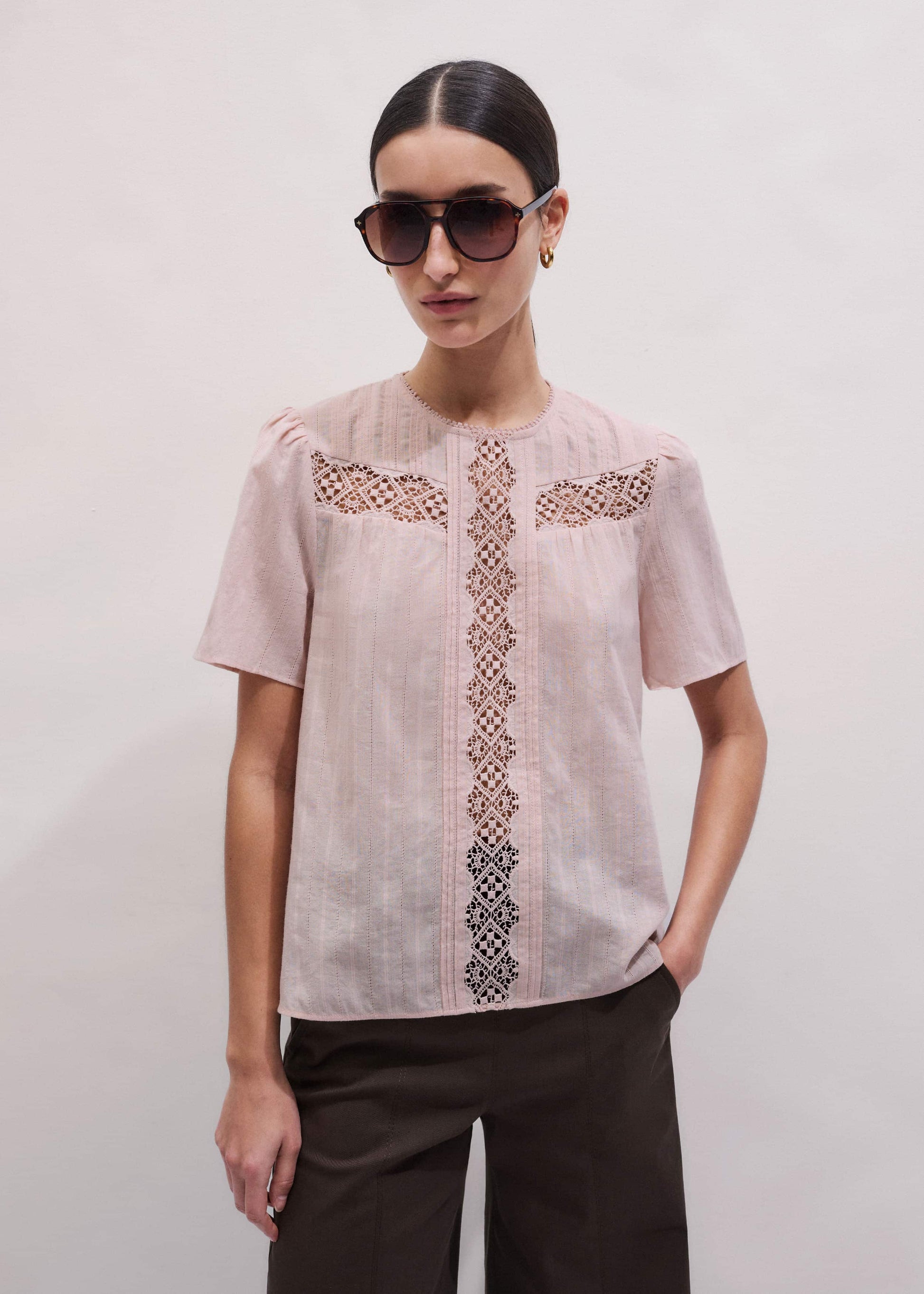 Pink Embroidered Cutout Tee