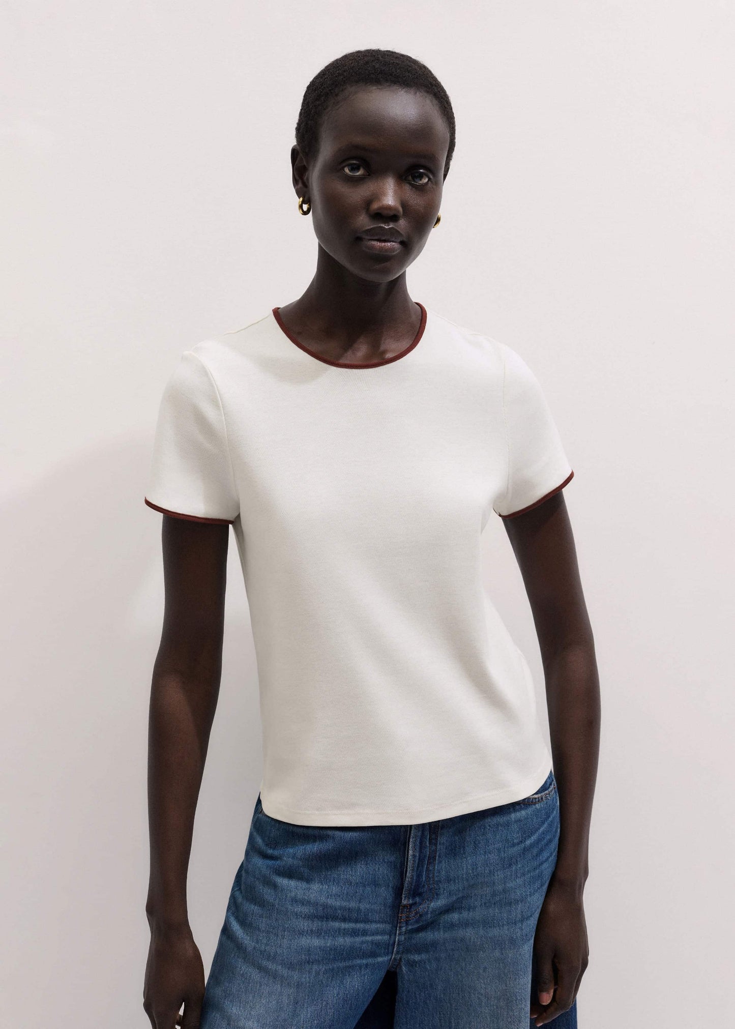 Cream Contrast Trim Slim Tee