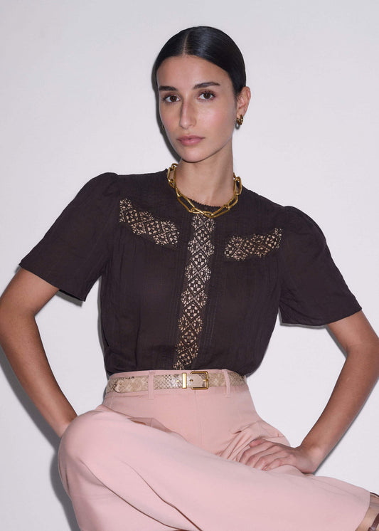Brown Embroidered Cutout Tee