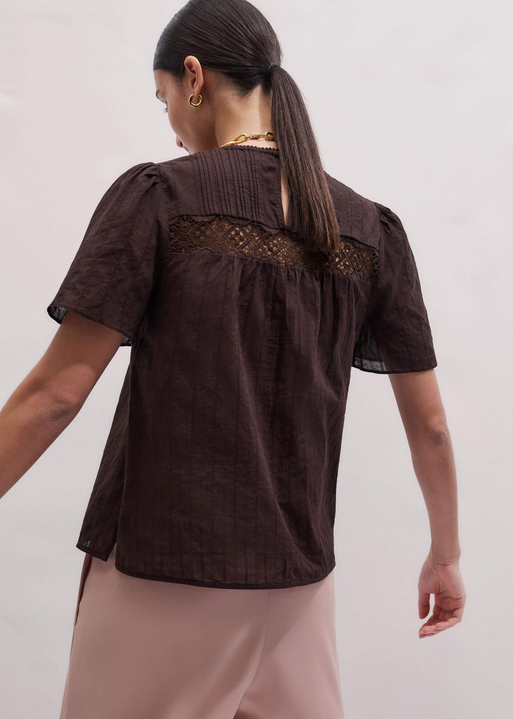 Brown Embroidered Cutout Tee