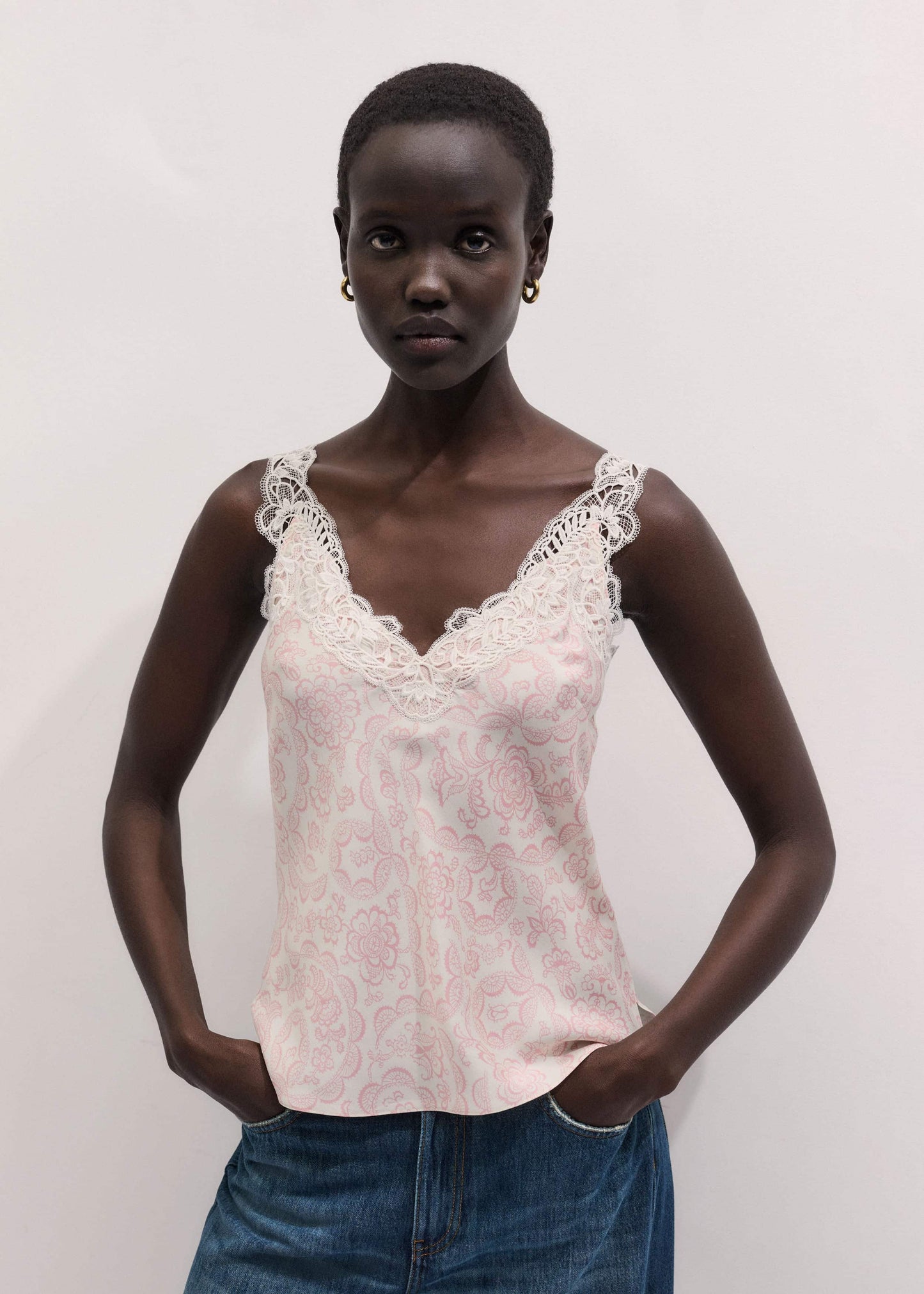 Cream Silk Satin Entangled Lace Trim Cami Top