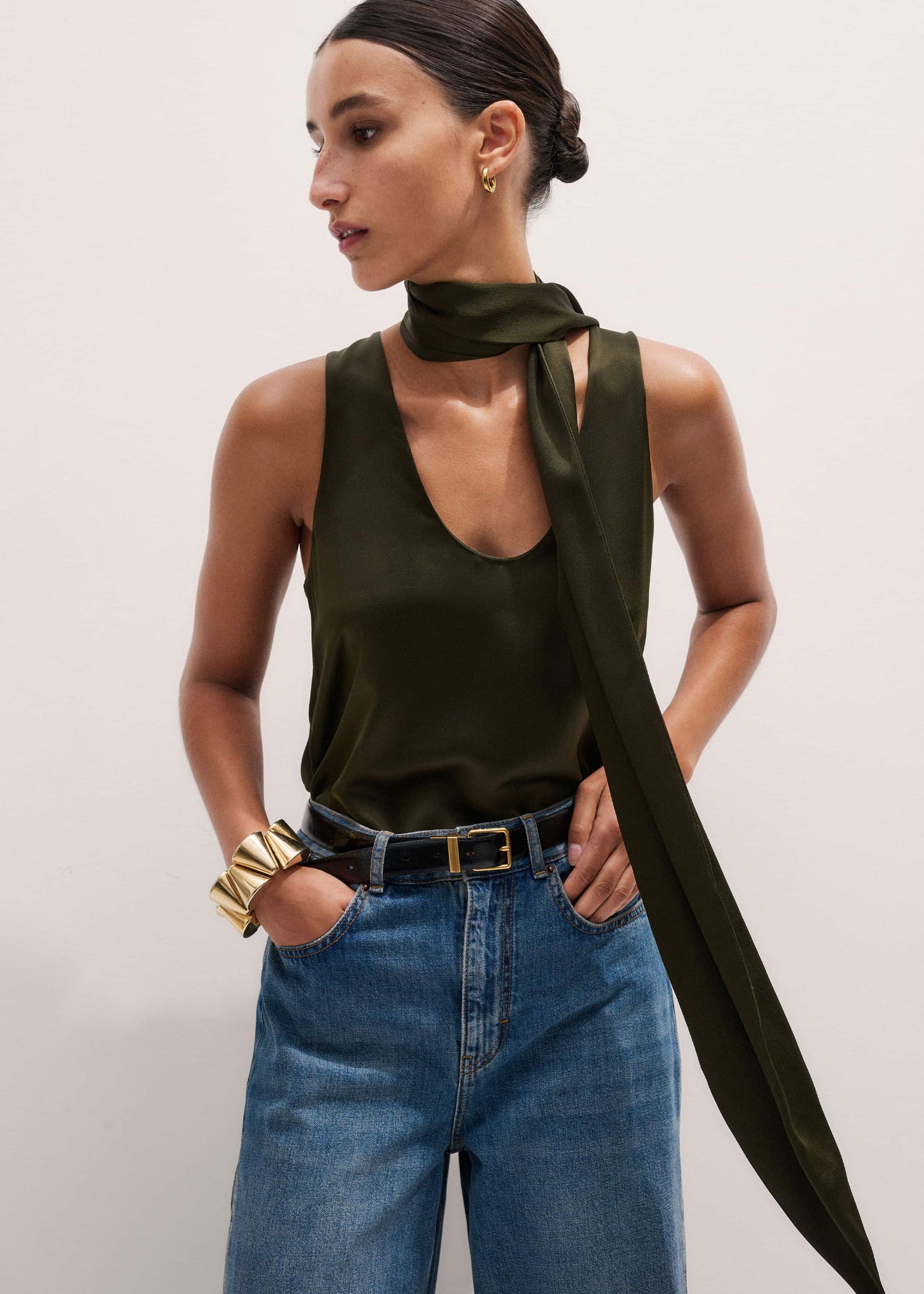 Olive Green Silk Satin Evening Tank Top