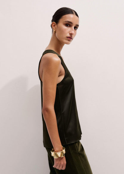 Olive Green Silk Satin Evening Tank Top