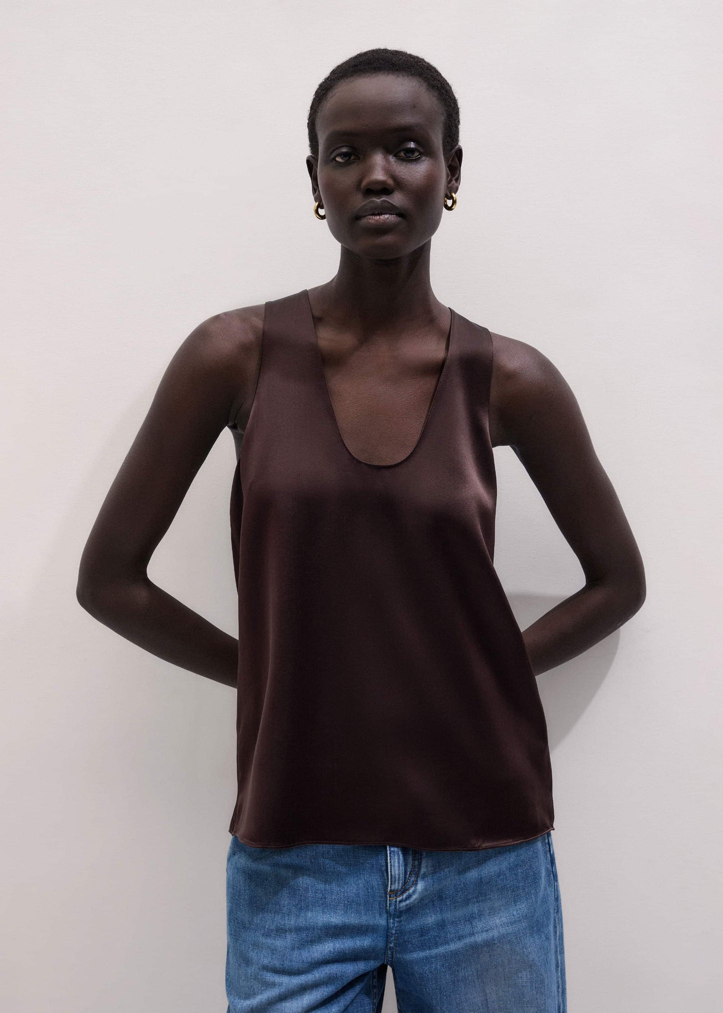 Brown Silk Satin Fluid Evening Tank