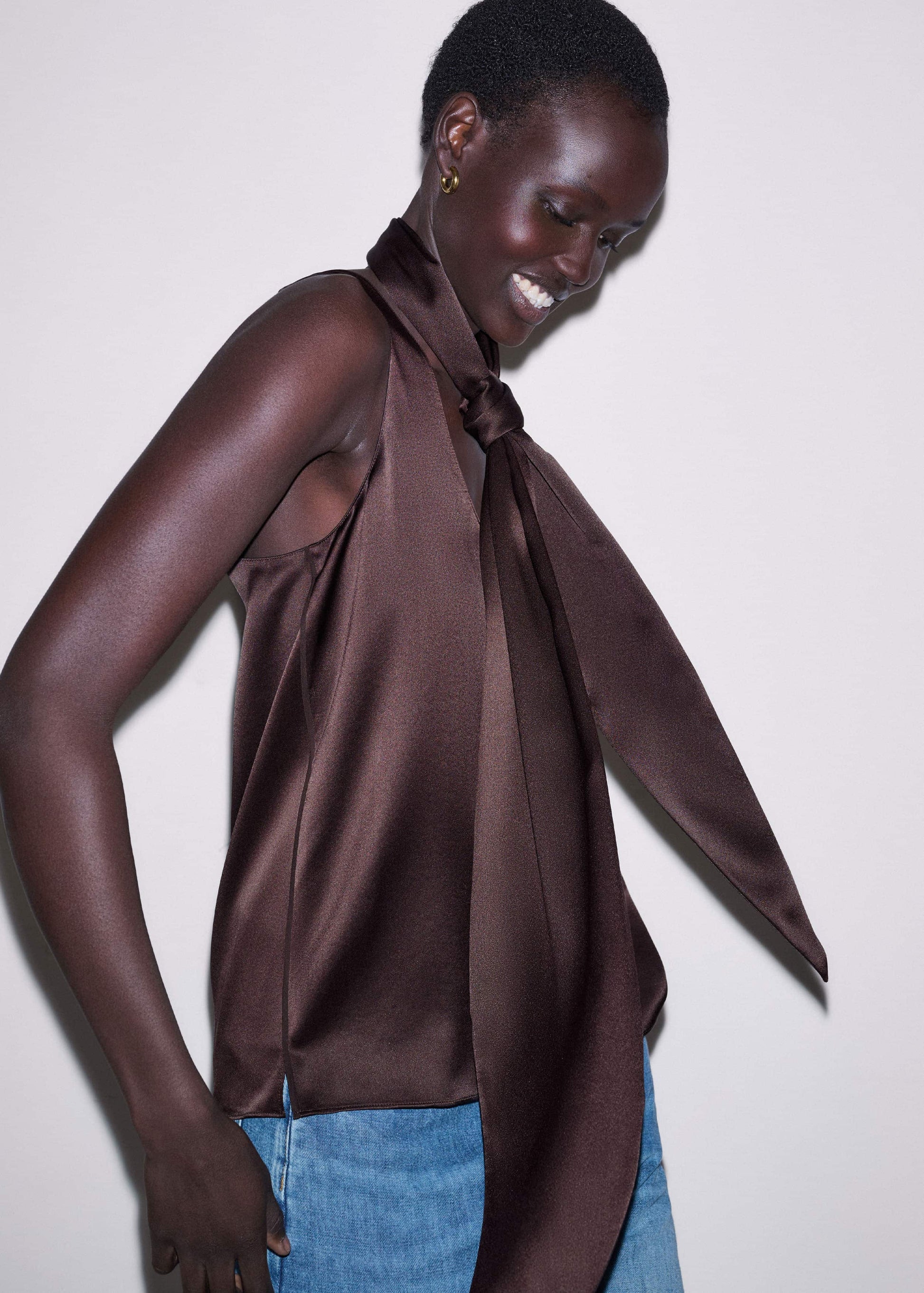 Brown Silk Satin Fluid Evening Tank