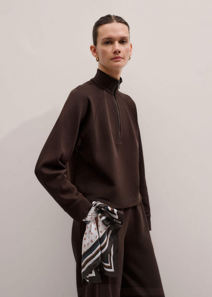 Brown Sweatshirt Cropped Funnel Neck Top