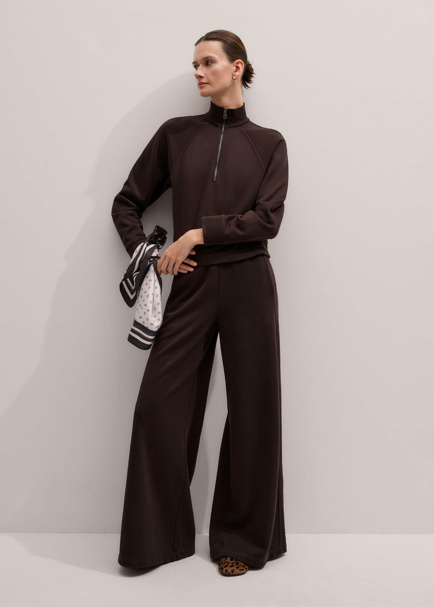 Brown Sweatshirt Cropped Funnel Neck Top