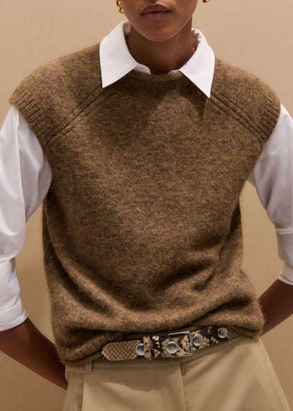 Brown Roll Trim Straight Layering Sweater Vest