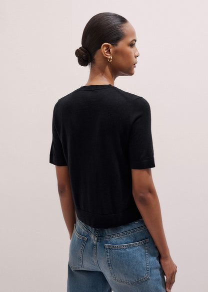 Black Merino Cashmere Barely There Buttoned Knit Tee