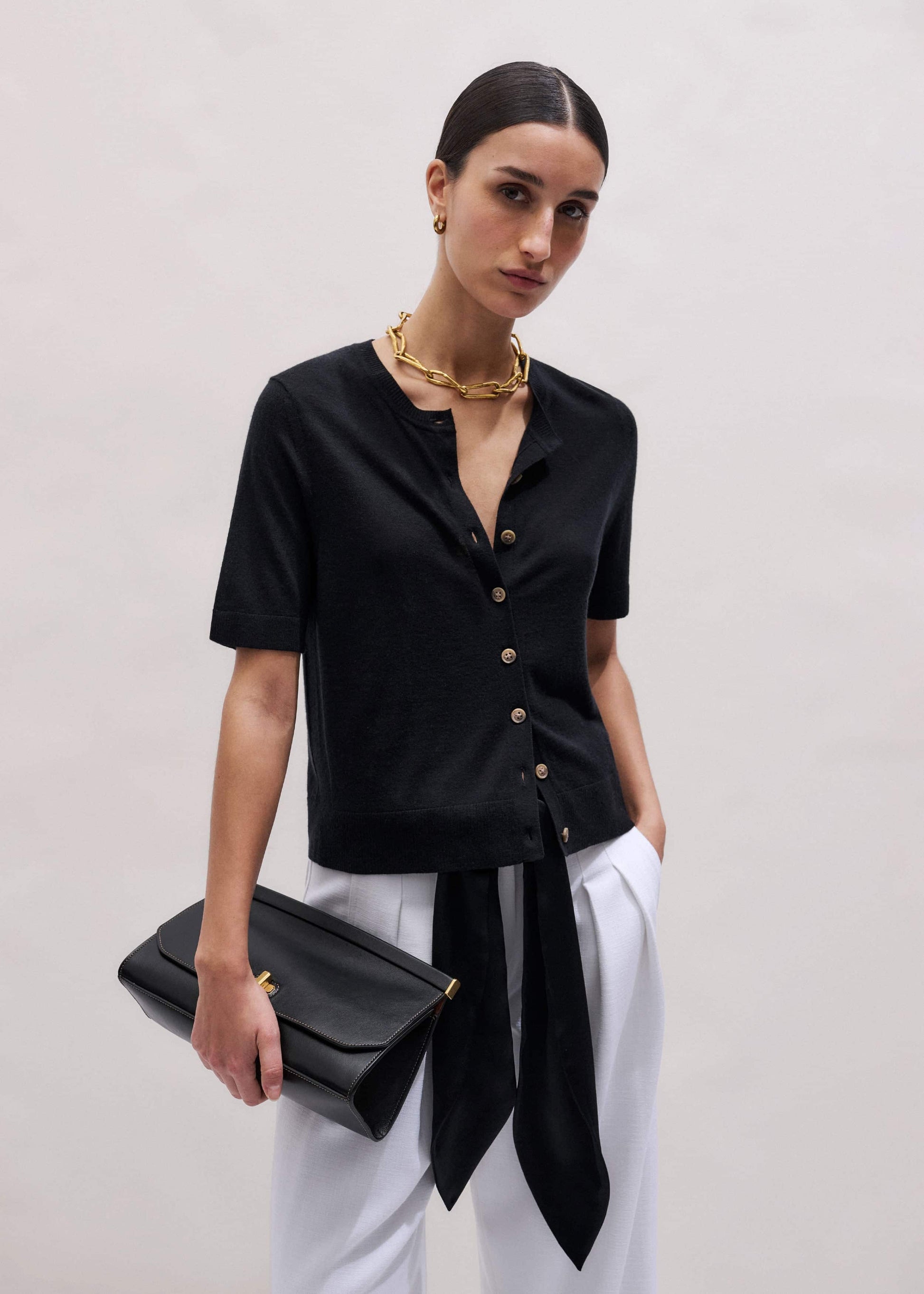 Black Merino Cashmere Barely There Buttoned Knit Tee