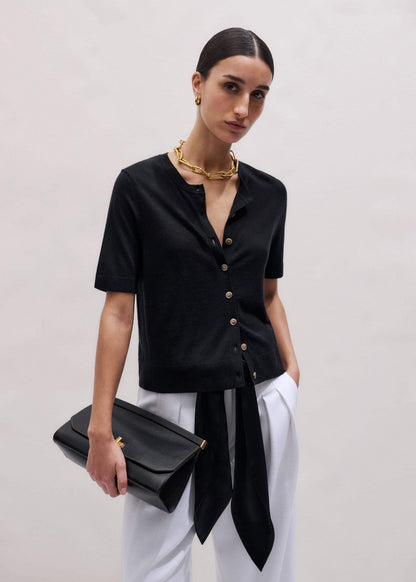 Black Merino Cashmere Barely There Buttoned Knit Tee