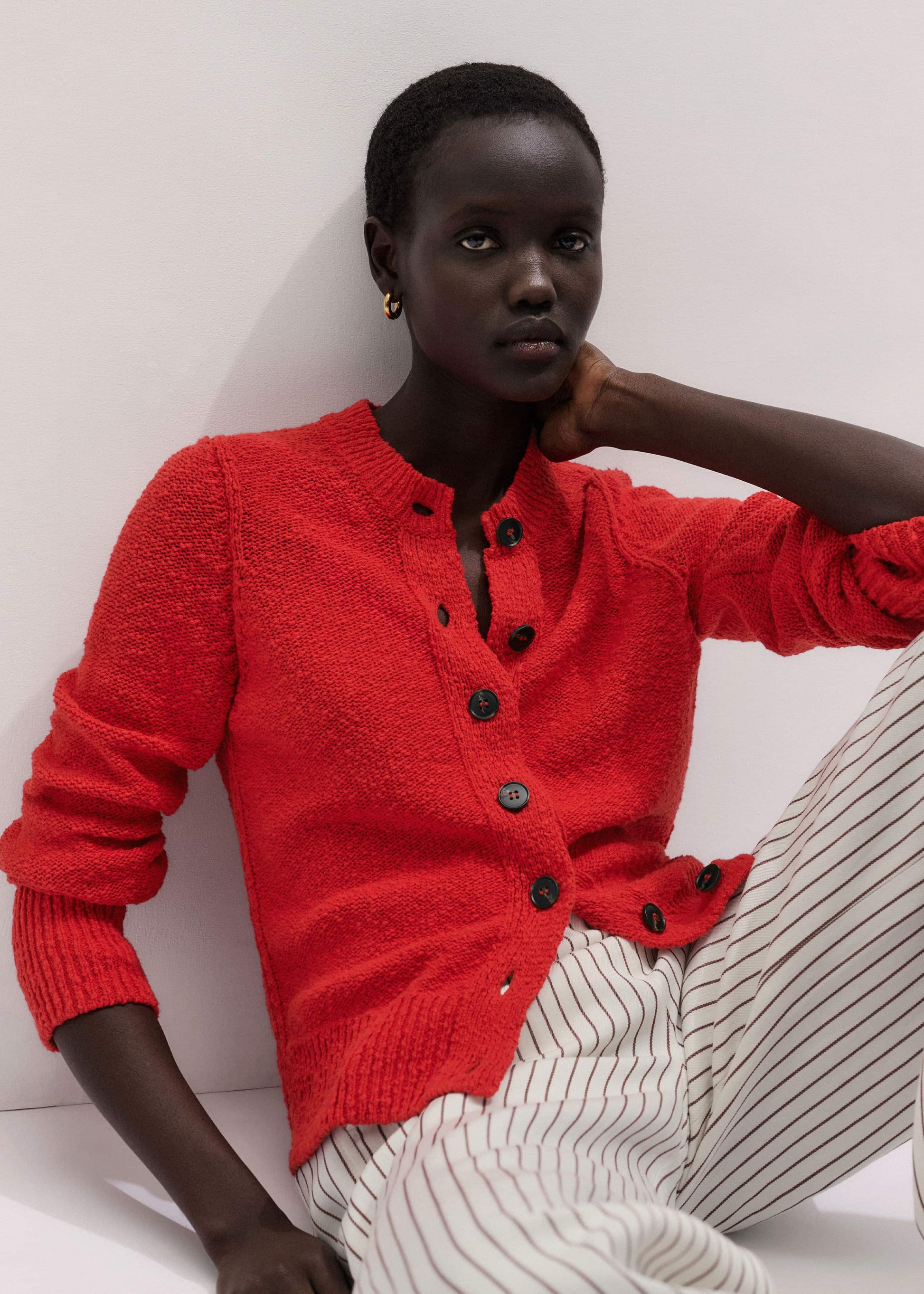Red Bouclé Straight Knit Cardigan