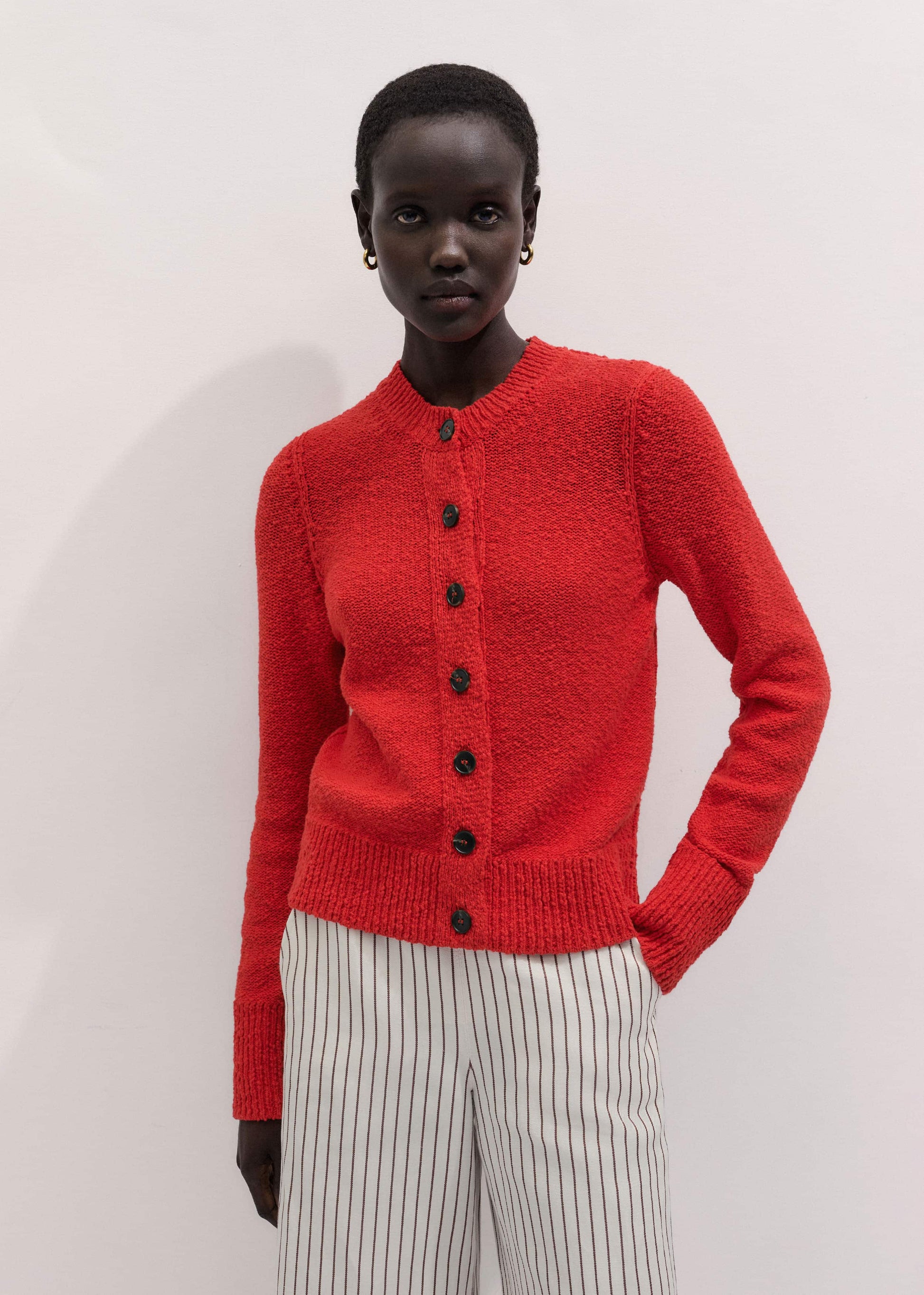 Red Bouclé Straight Knit Cardigan